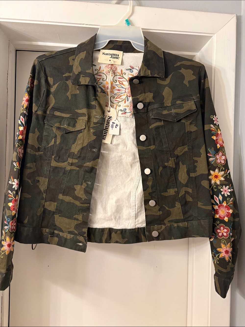 Savanna Jane Camouflage Embroidered Denim Jacket - Olive & Floral